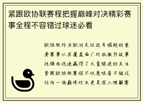 紧跟欧协联赛程把握巅峰对决精彩赛事全程不容错过球迷必看
